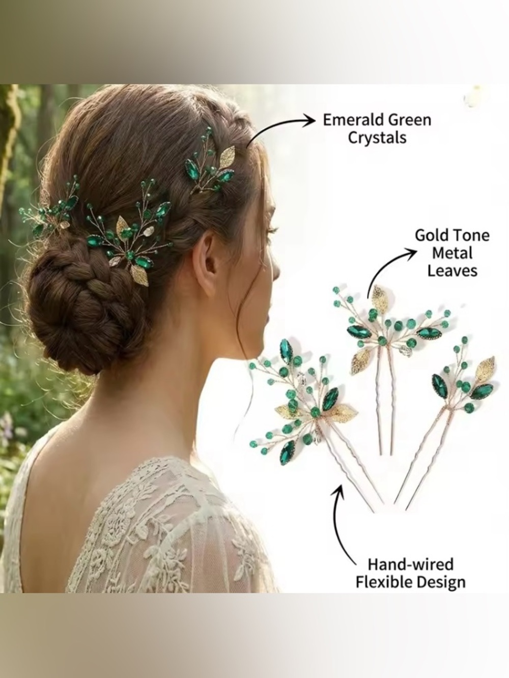 3pcs Bridal Emerald Green Crystal Hair Pins with Gold Leaves